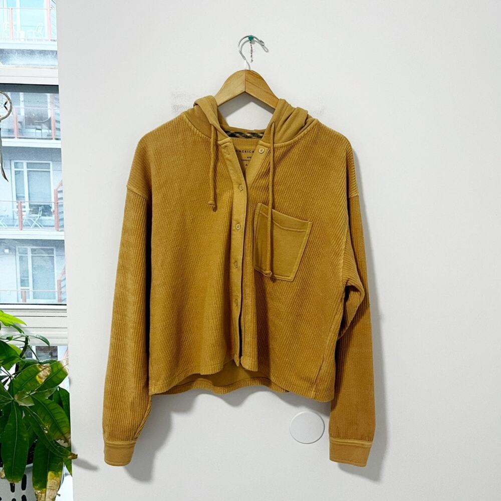 American Eagle Mustard Yellow Ribbed Button Up Hoodie Size Medium